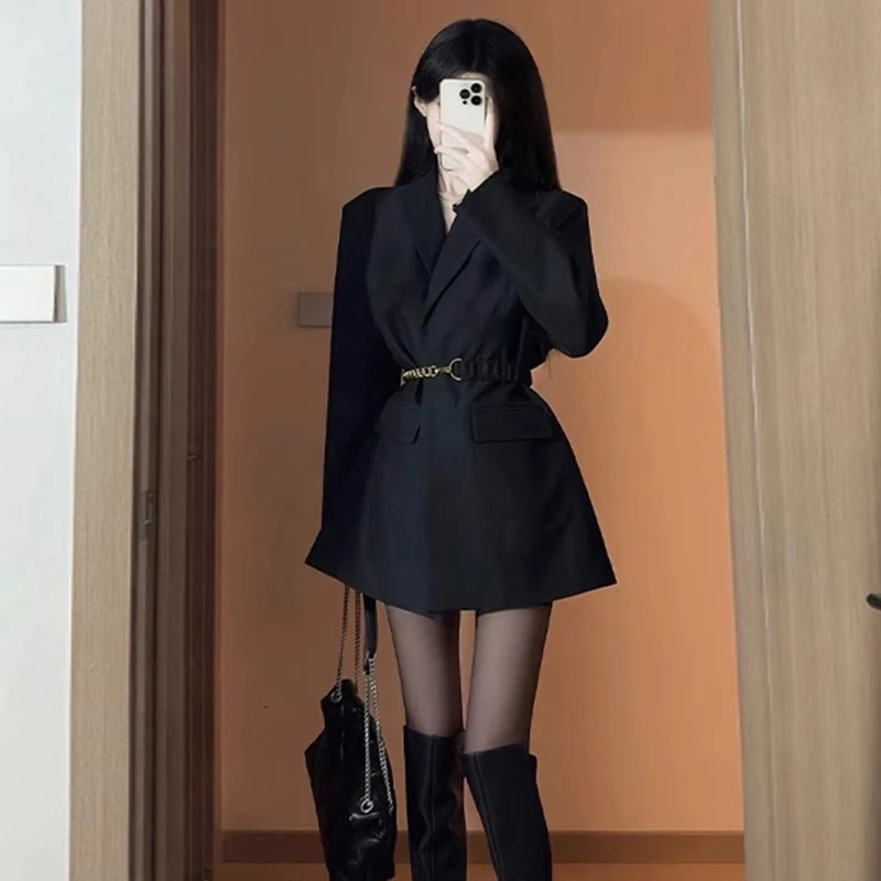 【千艺】【有内衬】黑色西装外套连衣裙2025春装新款韩版宽松裙子6539