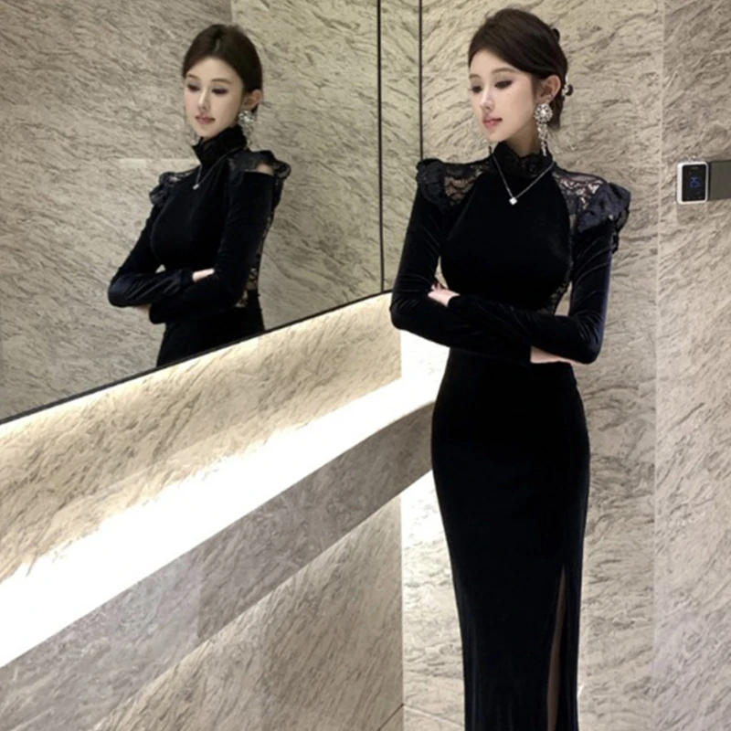 法式气质别致丝绒蕾丝拼接长袖开叉连衣裙女独特宴会裙子长裙2677