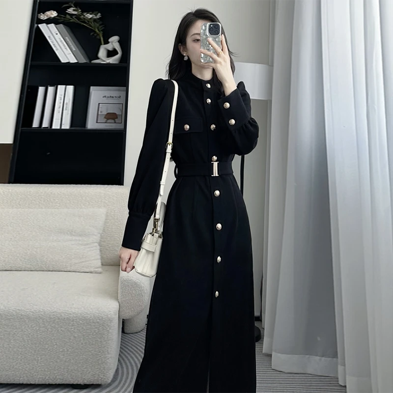 【常规/加绒】灯芯绒复古裙子女新款单排扣气质连衣裙黑色女7994