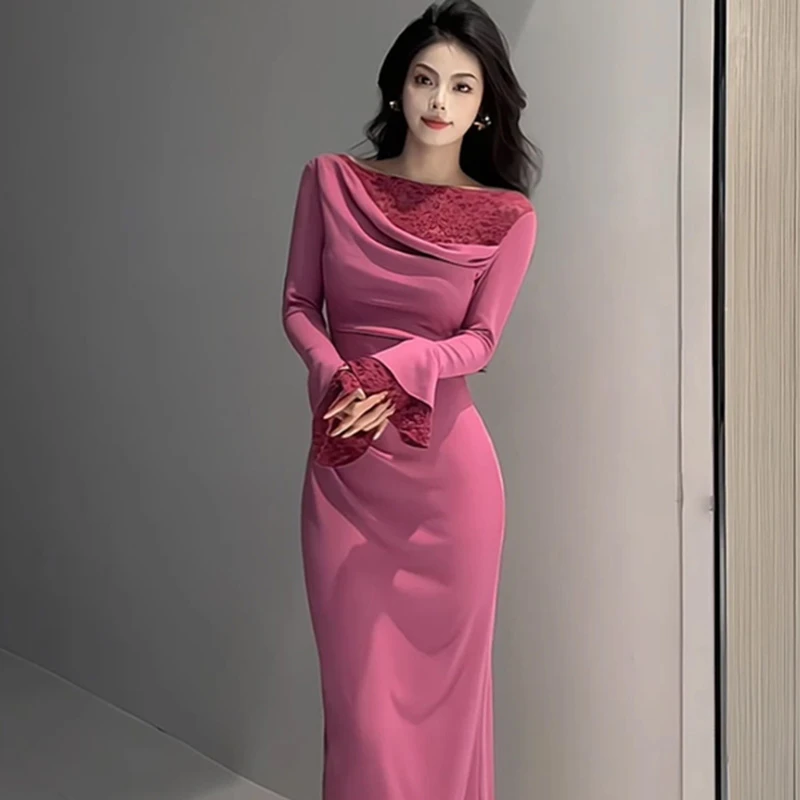 法式时尚长袖连衣裙高级感2024新款气质显瘦减龄过膝长裙子女2385