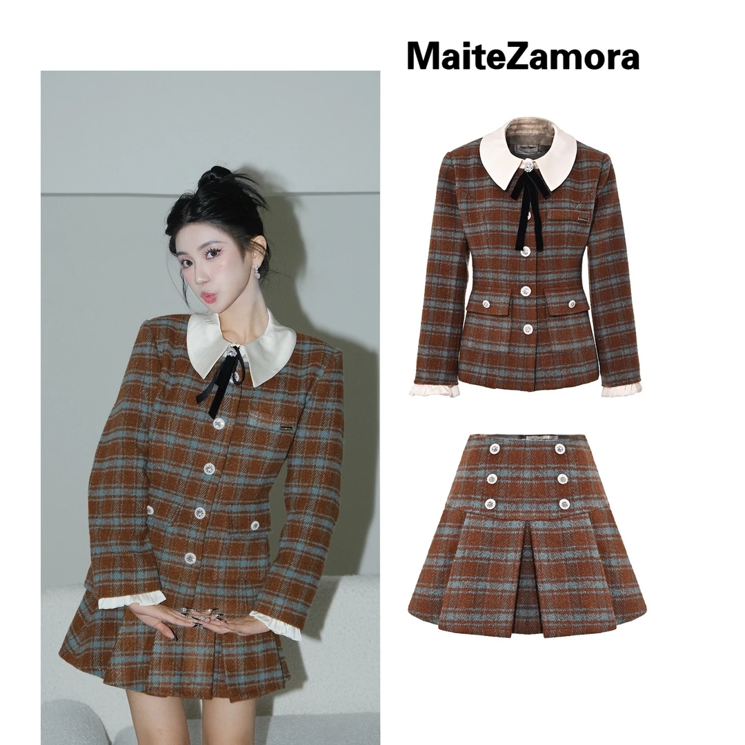 MaiteZamora复古格纹羊毛呢领子袖口可拆卸两穿式学院风显瘦套装