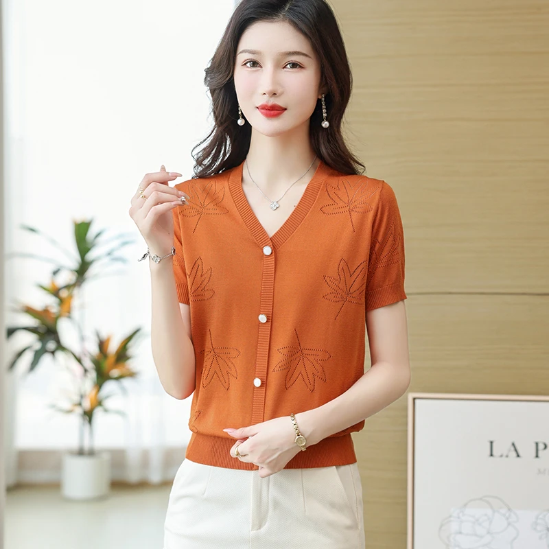 2023爆款夏季女士高档短袖薄款针织树叶洋气百搭时尚显瘦宽松上衣