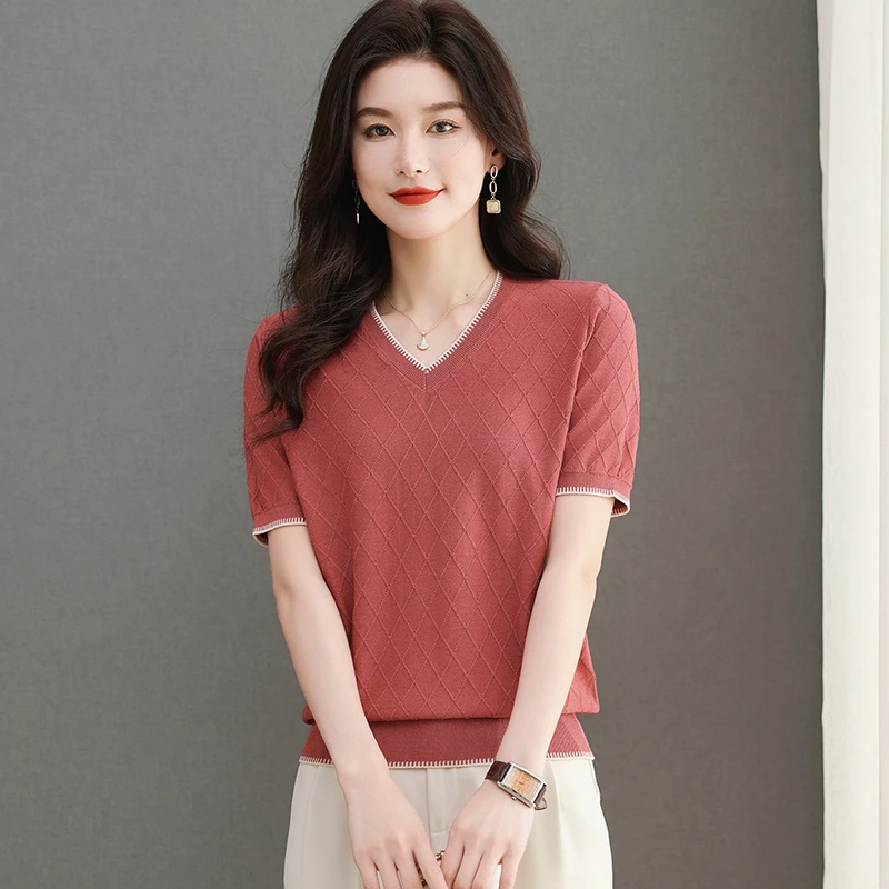 莱赛尔天丝针织衫体恤女短袖t恤夏季薄款年轻妈妈夏装洋气V领上衣