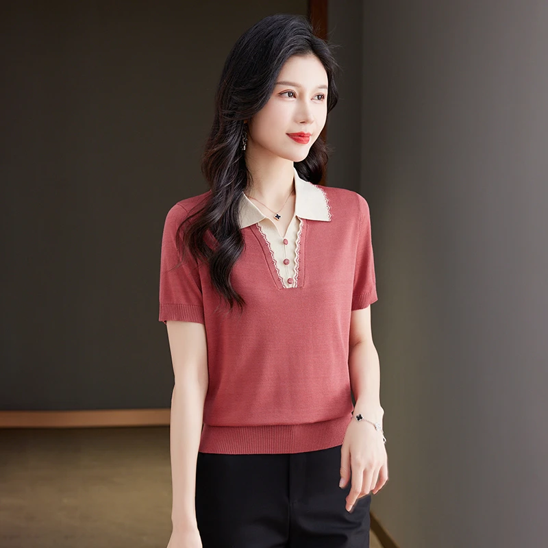 夏季新款POLO领天丝短袖t恤女士时尚针织翻领洋气妈妈装体恤上衣