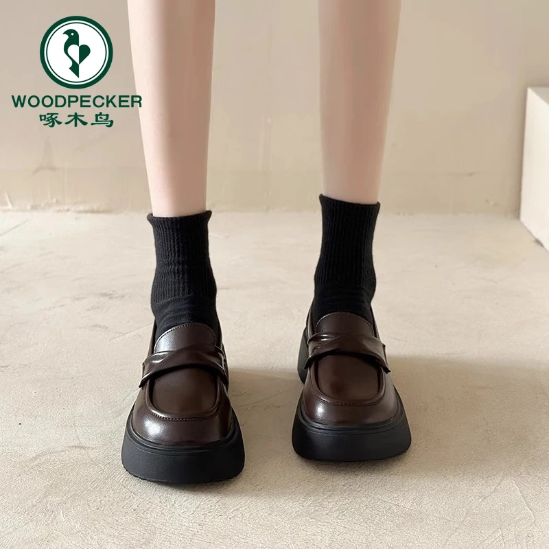 啄木鸟小众英伦学院风厚底松糕单鞋女2024秋乐福鞋大头软妹小皮鞋