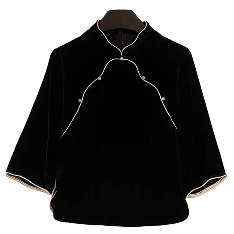 新中式上衣国风盘扣丝绒衬衫女2024秋季新款复古宽松显瘦气质小衫