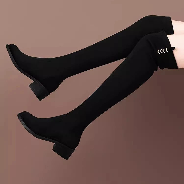 长筒靴女2024秋冬加絨过膝靴绒面瘦瘦靴粗跟弹力靴高筒靴显瘦长靴