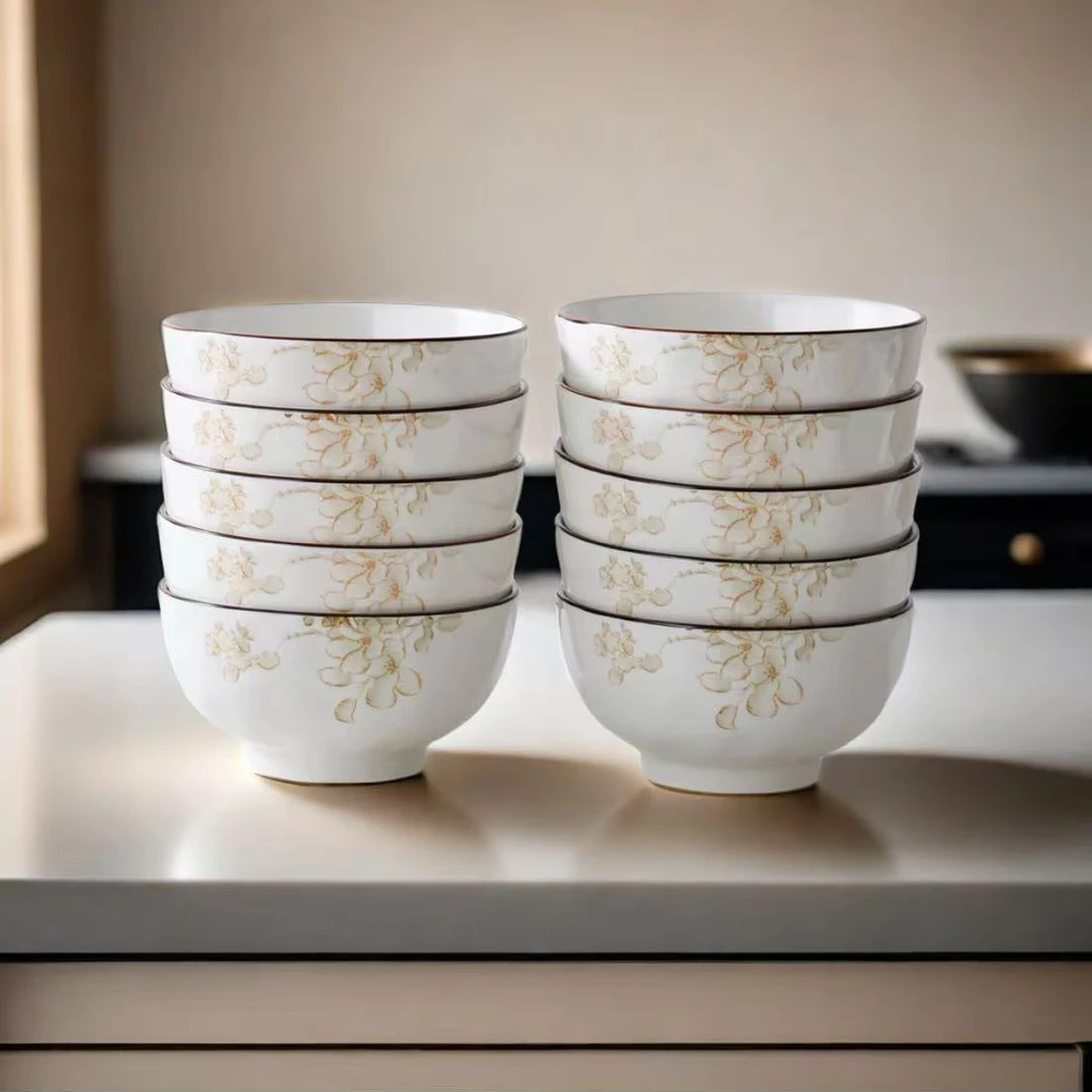 玉兰飘香5英寸碗10只装米饭碗吃饭碗耐高温陶瓷餐具家用大碗