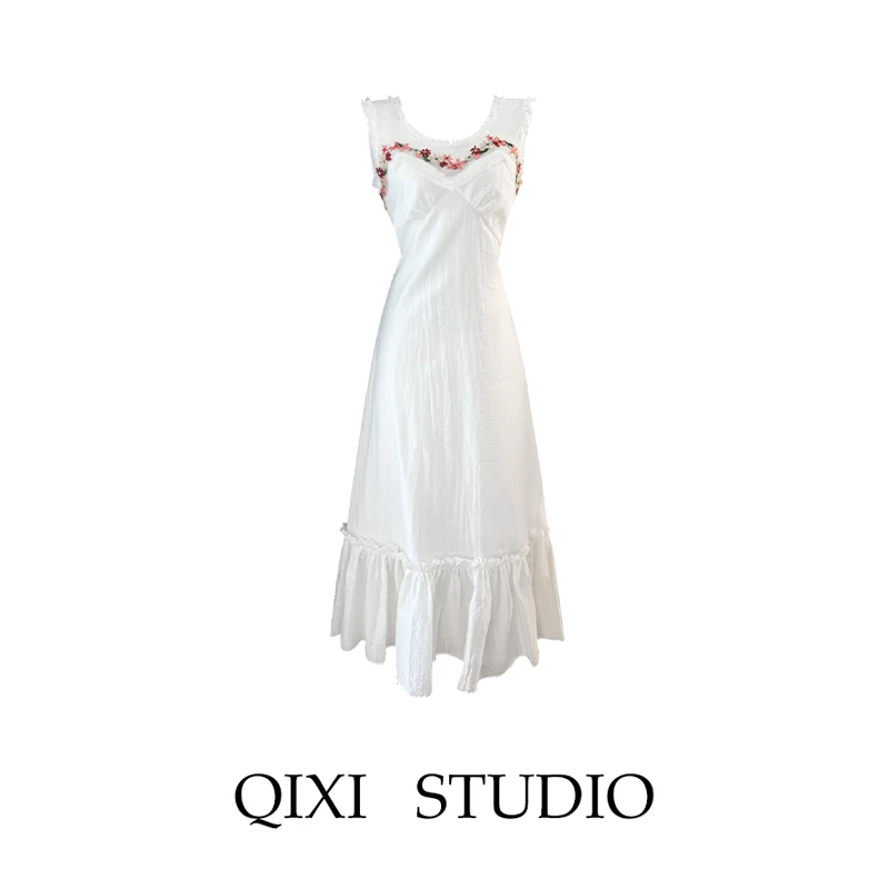 佛罗伦萨日落 浪漫花朵刺绣鱼尾连衣裙女夏季2024新款气质长裙子