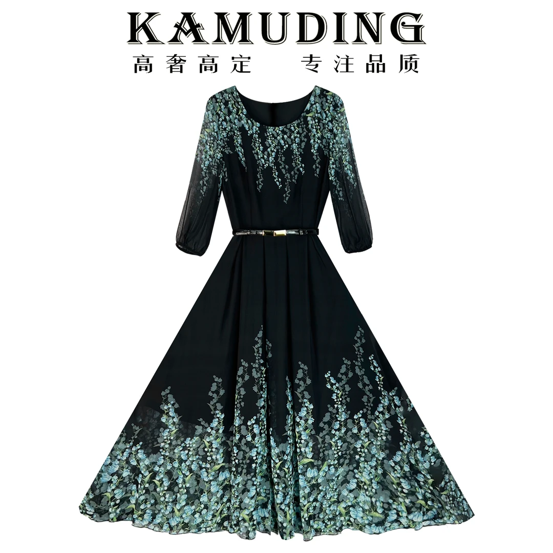 KAMUDING繁花似锦新款优雅时尚飘逸气质收腰长款连衣裙女8136