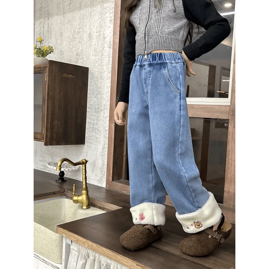 女童冬季水洗直筒牛仔裤加绒休闲百搭大童AW8863