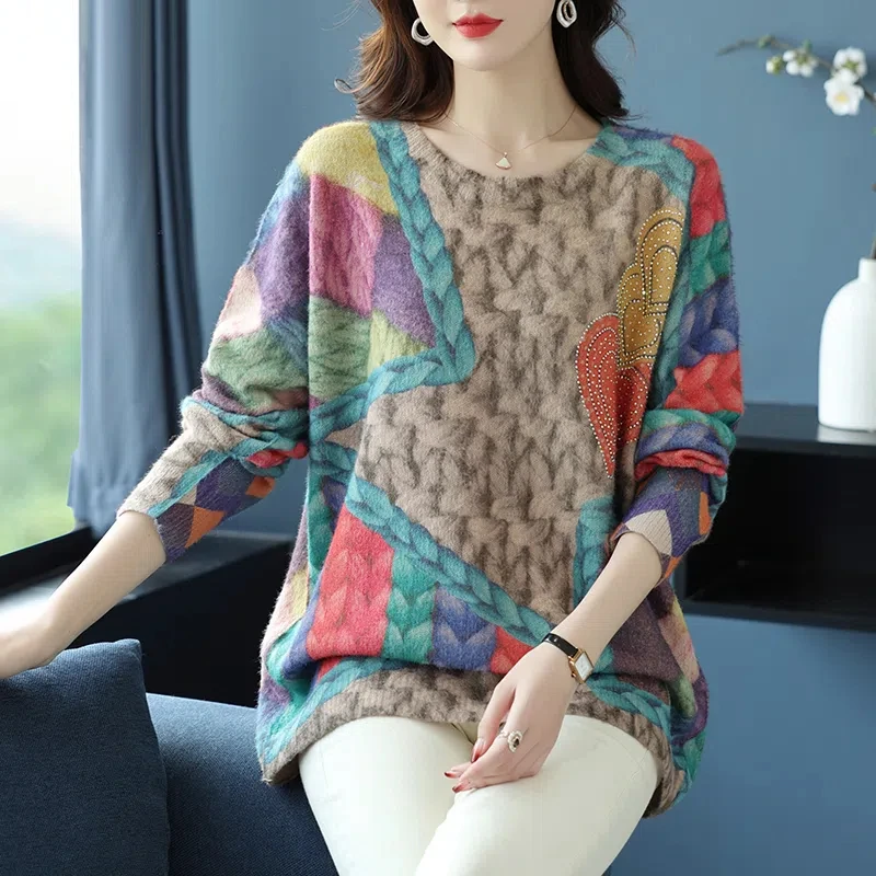 欧洲站秋冬新款洋气显瘦长袖针织毛衣复古印花宽松大码百搭打底衫