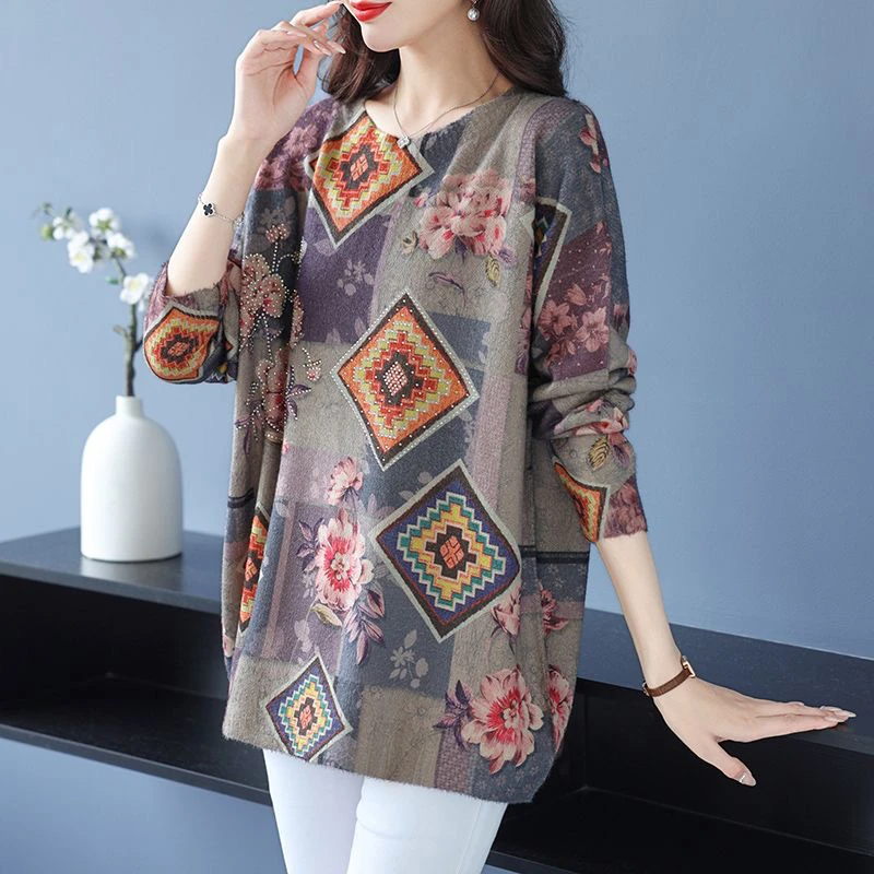 紫气东来秋冬新款印花羊毛衫女宽松显瘦大码套头毛衣针织打底衫