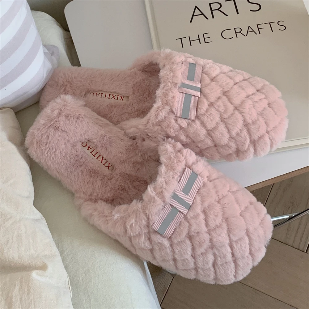 冬季女士休闲时尚家居防滑保暖韩式简约软底纯色格子蝴蝶结棉拖鞋