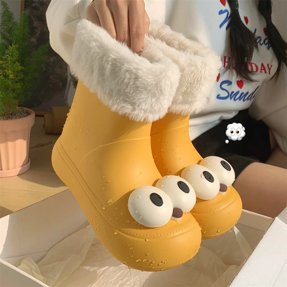 创意搞怪呆萌大眼睛保暖户外中筒靴冬季加绒加厚防滑防水雪地靴女