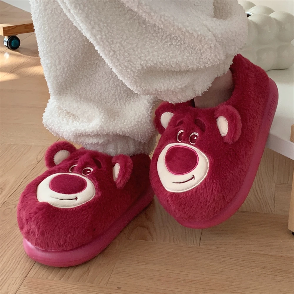 细细条 冬季软底防滑毛绒保暖月子鞋草莓熊学生男女情侣款棉拖鞋
