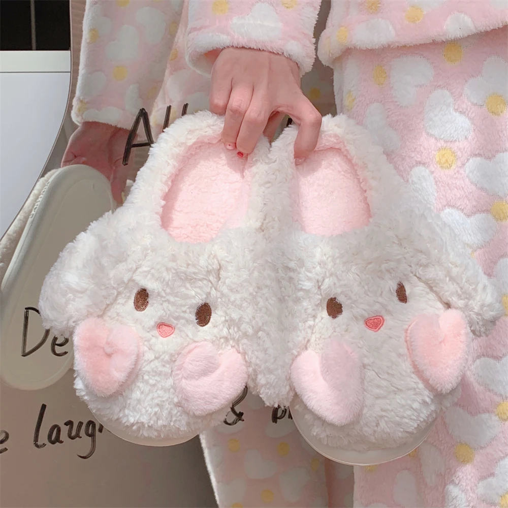秋冬时尚居家卧室保暖防滑软底毛毛鞋女网红爱心小兔月子鞋棉拖鞋