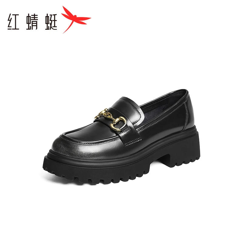 红蜻蜓乐福鞋女真皮2025春季新款松糕厚底增高小皮鞋学院风女单鞋