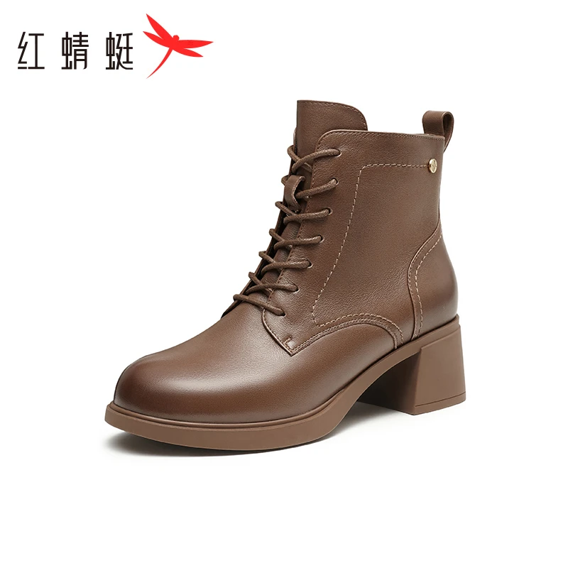 红蜻蜓马丁靴妈妈款2025冬季新款皮鞋女粗跟加绒短靴保暖棉鞋靴子