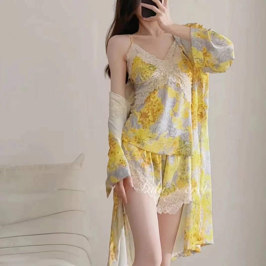 蕾丝睡衣两件套网红薄款夏季小个子带胸垫时尚碎花