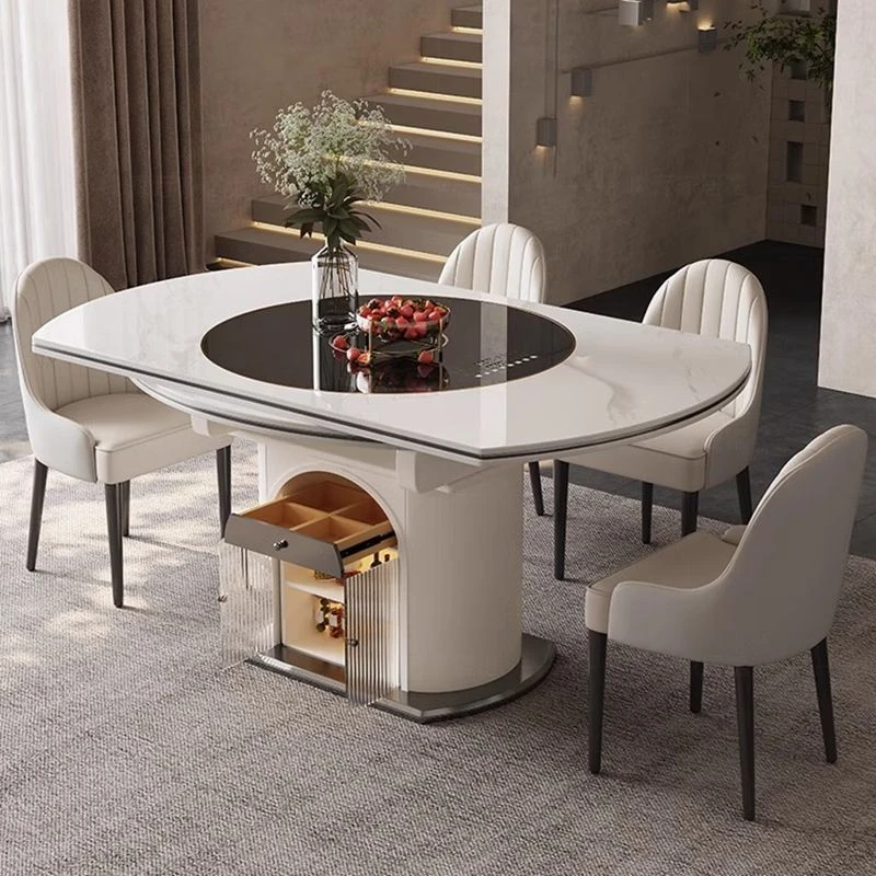 岩板餐桌带电磁炉暖菜电动方圆形两用现代简约伸缩家用多功能饭桌