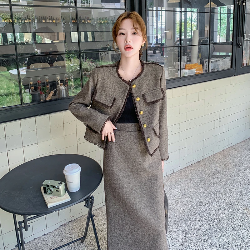 小香风毛呢套装裙女2024新款入秋高级感穿搭时髦洋气半身裙两件套