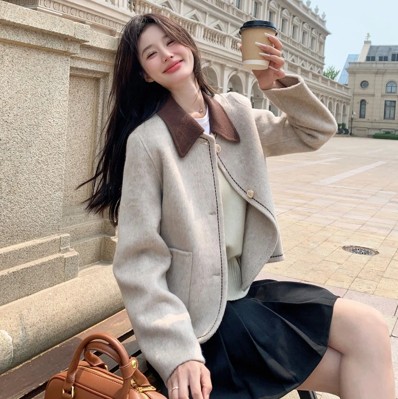 法式撞色气质短款羊毛大衣女2025秋冬新款时尚减龄小个子毛呢外套