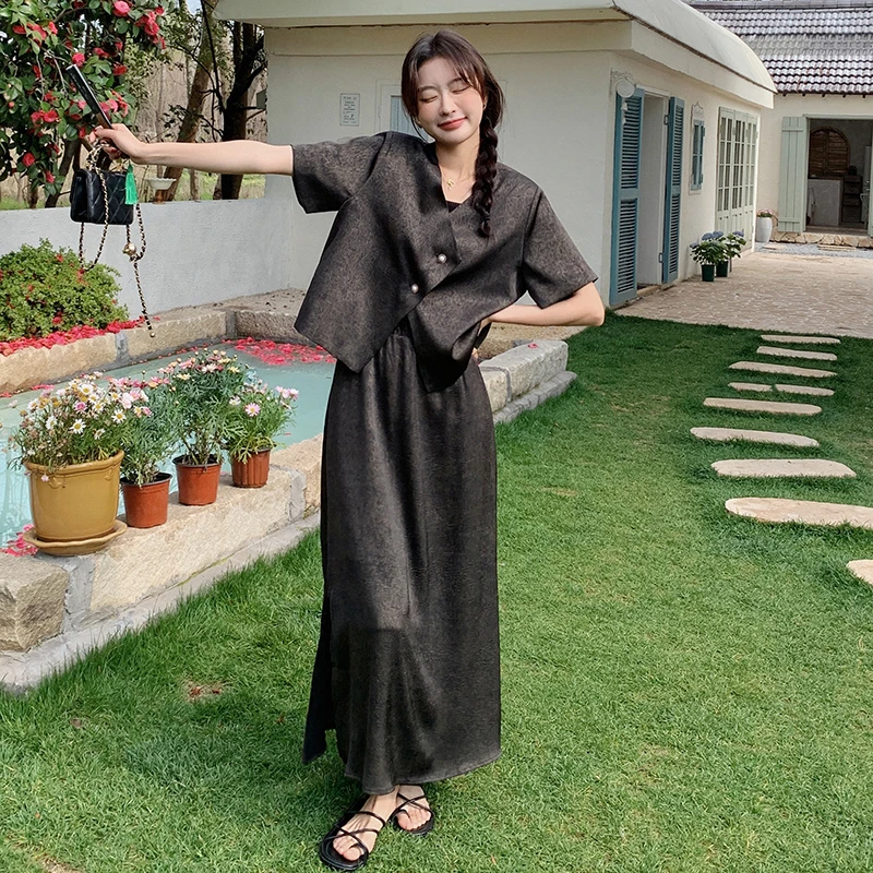 黑色国风高级感套装裙女夏季2025新款新中式上衣过膝半身裙两件套