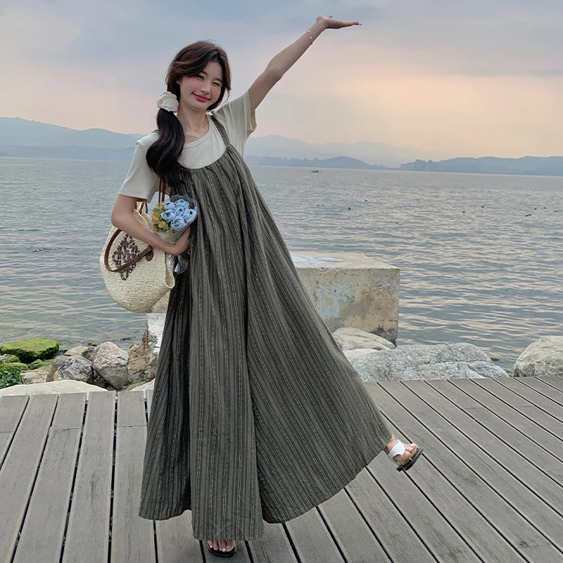 慵懒风条纹背带裤T恤套装女夏季新款宽松设计感连体阔腿裤两件套i