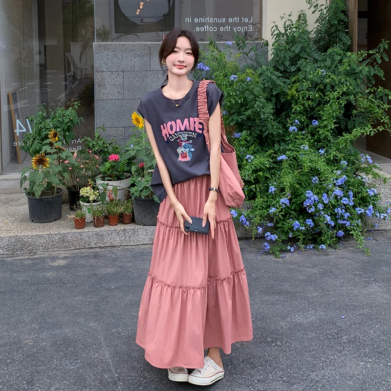 2024夏韩系百搭减龄卡通字母印花上衣+百褶裙长裙+包包三件套装女