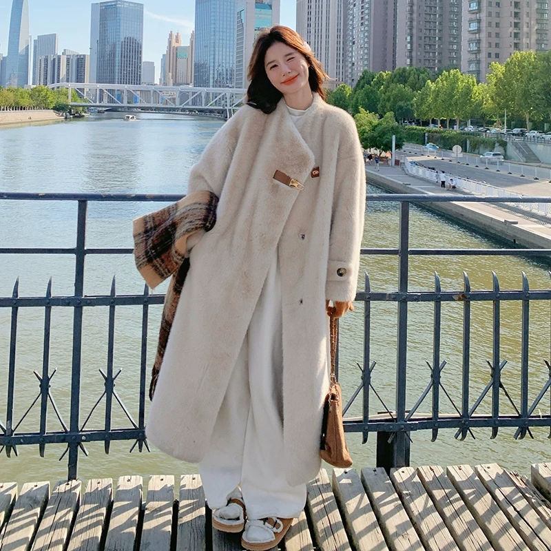 长款仿水貂毛皮毛一体外套女2024冬季新款环保皮草加厚毛毛绒大衣