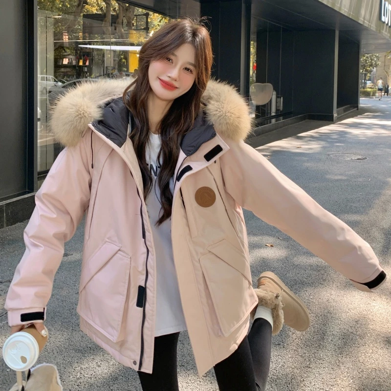 超大貉子毛领连帽工装冲锋衣羽绒服女冬2025新款白鸭绒加厚派克服