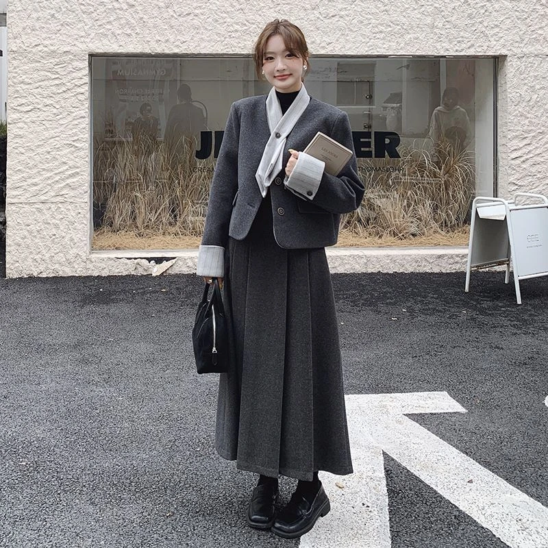 法式小香风羽绒内胆毛呢套装女2024冬一整套盐系轻熟高级感两件套