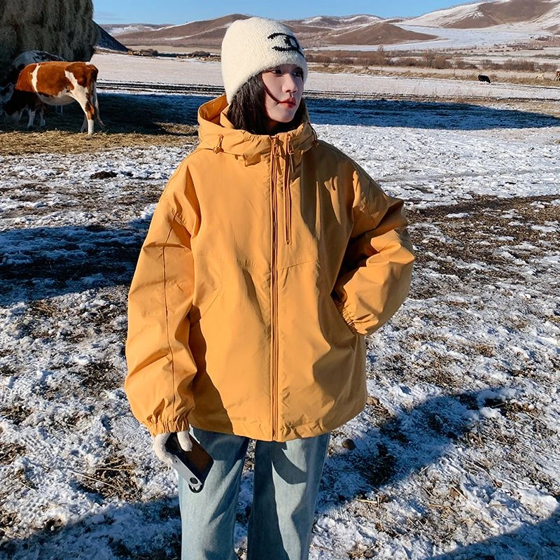 双拉链新国标羽绒冲锋衣派克服女连帽2024冬新款韩版宽松百搭外套