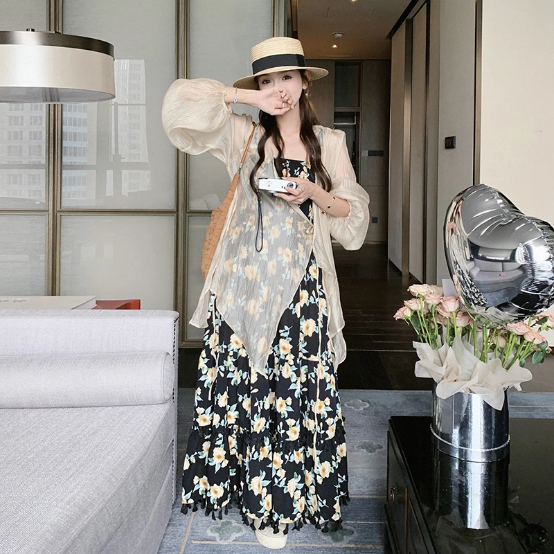 黑色碎花连衣裙套装女2024夏季新款小个子设计感开衫吊带裙两件套