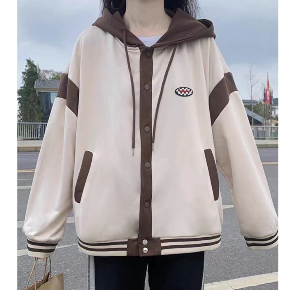 撞色开衫卫衣外套秋款休闲连帽宽松学院风棒球衣WT269