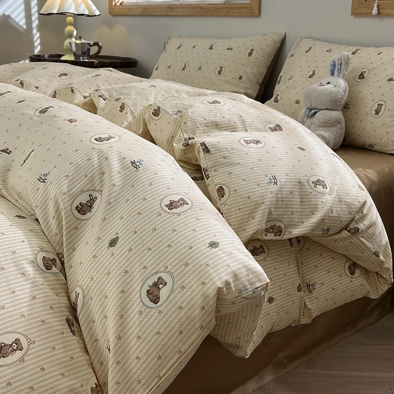 【司寧SINING】新款少女心卡通搞怪可爱印花全棉三四件套-美拉德熊