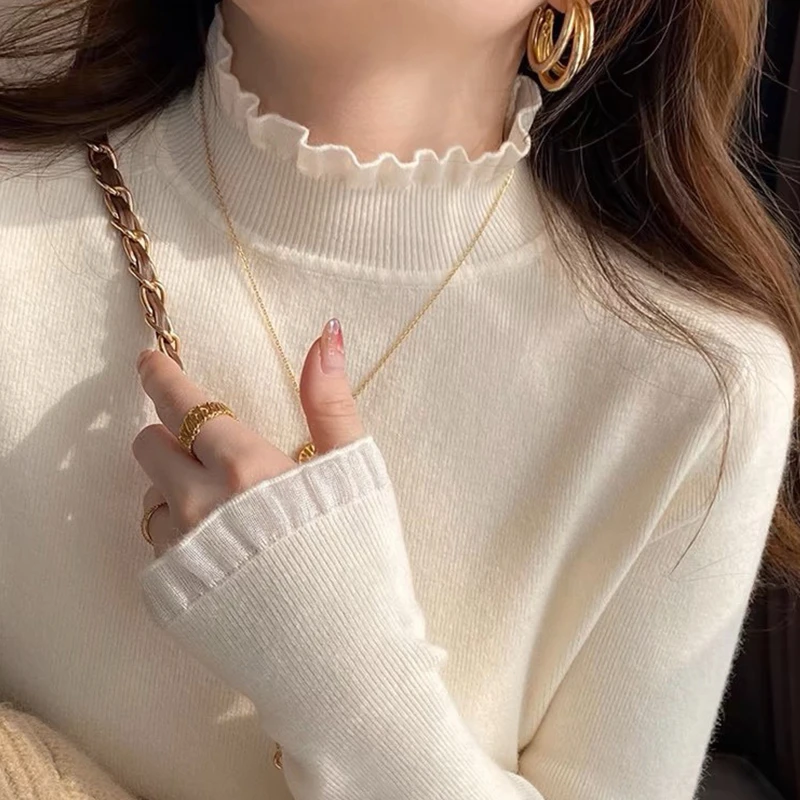 蕾丝打底衫女2024新款白色半高领针织上衣花边小香风外套内搭毛衣