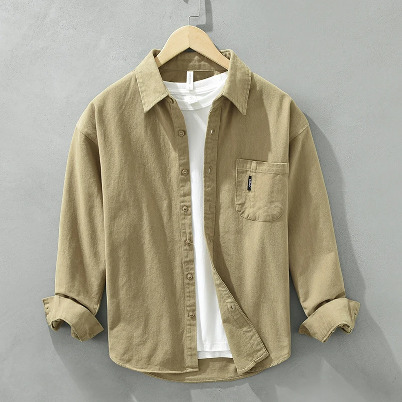 日系男士长袖衬衫纯色简约休闲宽松百搭文艺衬衣外套