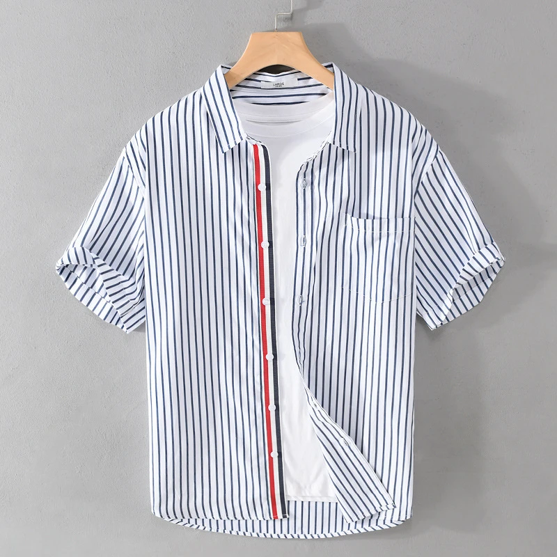 夏季条纹男装短袖衬衫潮流休闲宽松青年痞帅百搭文艺薄款高端衬衣