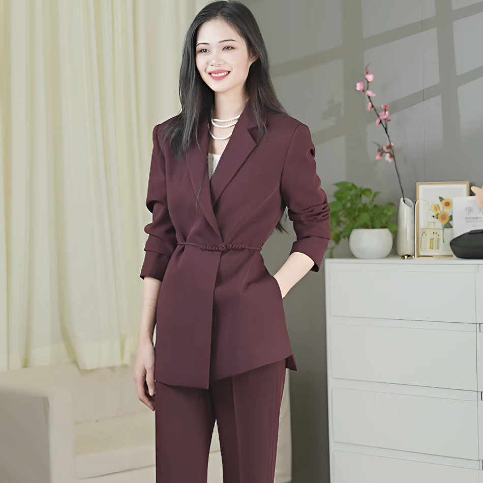 【邑颜秋冬】安可拉红秋冬季/中式绑带西装显瘦收腰西服套装/套裤