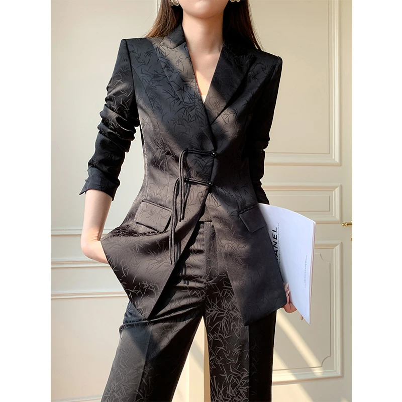 【邑颜轻奢】竹叶提花/中式国风系列黑色西装套装/微喇裤4653+4153