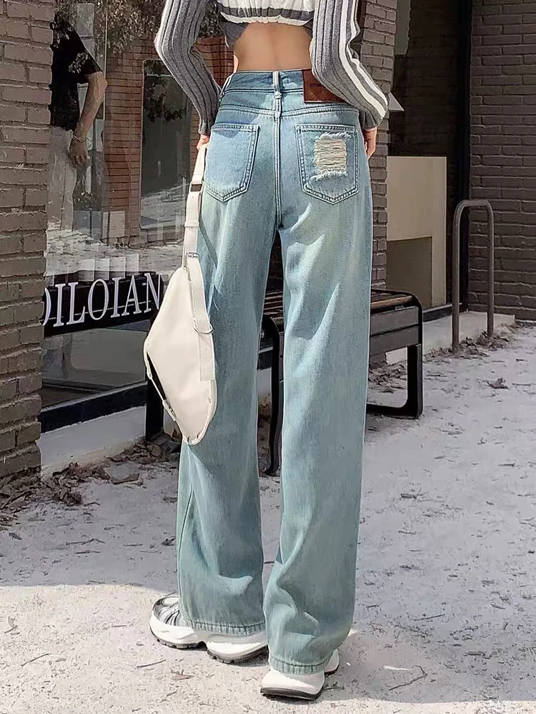 棕色腰牌磨破口袋软牛仔窄版直筒裤