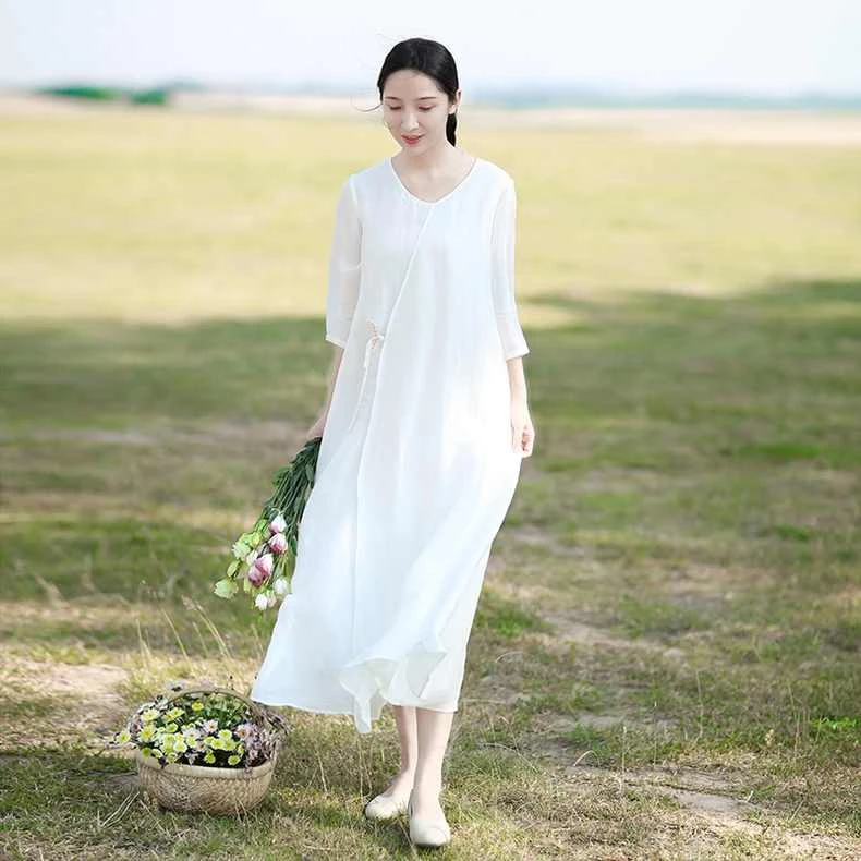 白色仙女飘逸长裙2025夏季新款宽松大码文艺复古显瘦袍子连衣裙