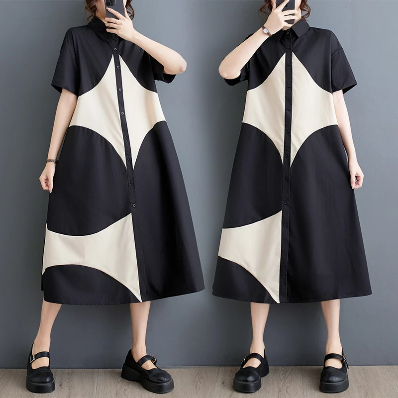 2025夏新款宽松大码印花拼接休闲简约甜美短袖连衣裙