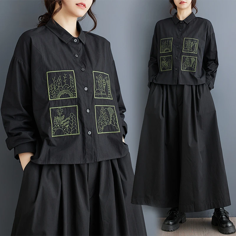 2025春秋新款暗黑风植物刺绣宽松百搭休闲长袖衬衫大码上衣
