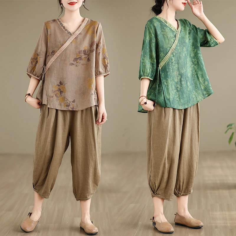 2024夏季印花V领刺绣衬衫女国风薄款气质文艺复古小衫哈伦裤套装