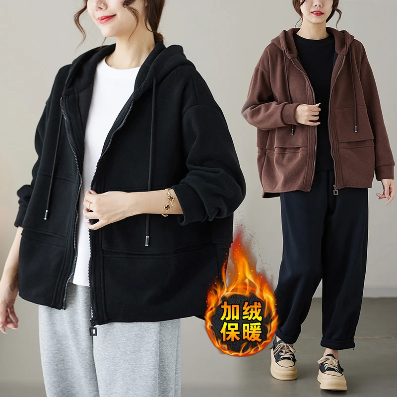 文艺大码连帽加绒卫衣女秋冬2025韩版休闲宽松棒球服百搭开衫外