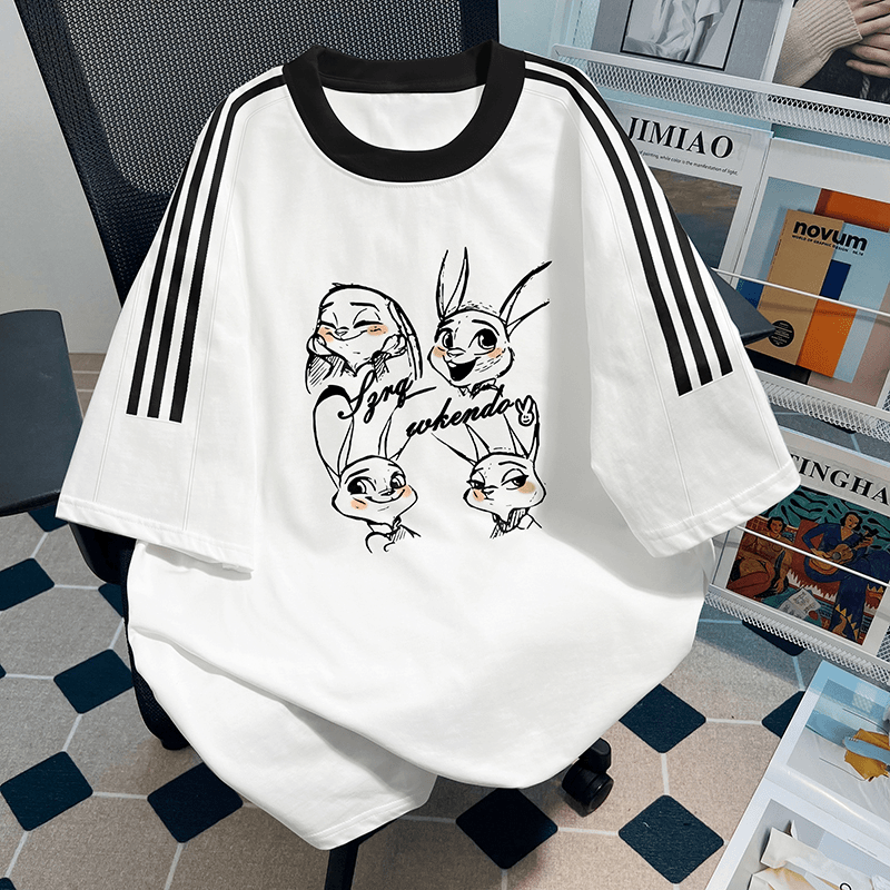 儿童短袖t恤夏季宽松半袖撞色女大童夏季上衣卡通亲子装2024新款