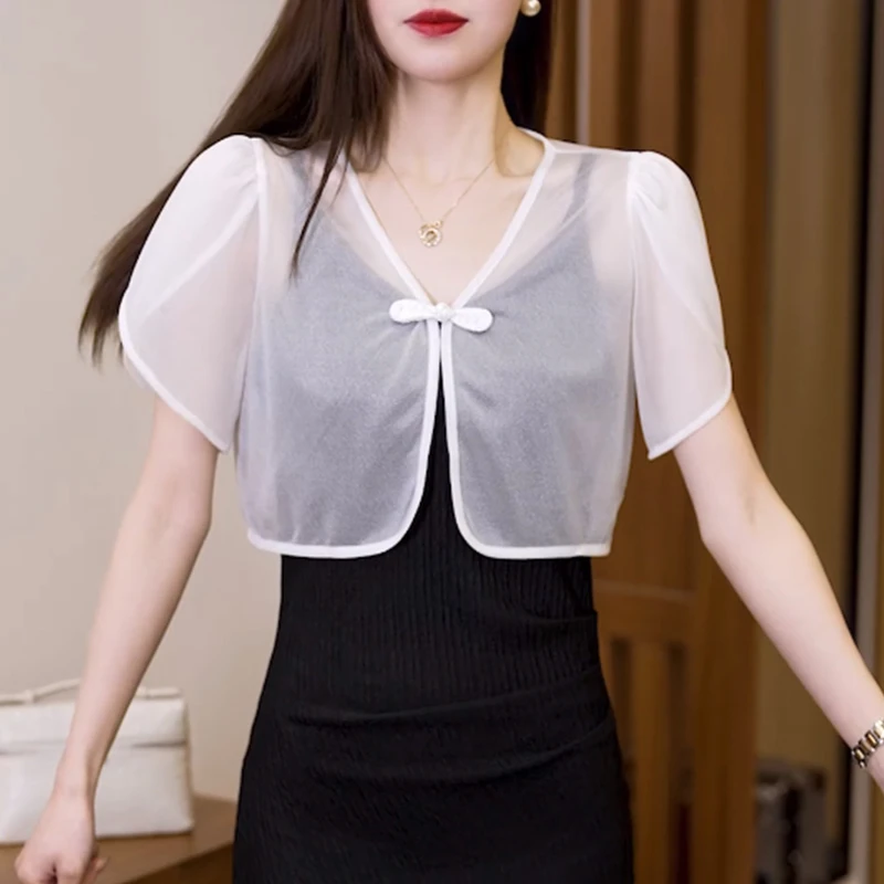 夏季爆款国风纽扣外搭2025新款洋气时尚百搭显瘦气质短袖上衣女